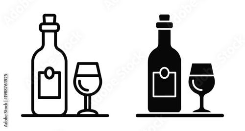 Wine bottle and glass icon set featuring outline and solid black silhouette styles for restaurant menu bar beverage design