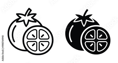 Tomato icon set featuring whole fruit and sliced half in outline and solid black styles for food menu web design
