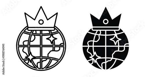 Globe wearing crown icon set representing world leadership global power international monarchy earth planet royalty authority and universal kingdom rule