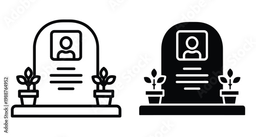 Gravestone icon set with tombstone headstone memorial portrait and potted plants in line and solid glyph style for funeral design