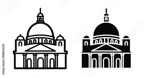Cathedral basilica dome architecture icon set with outline and solid black silhouette styles for travel and religious design projects