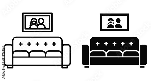 Living room interior icon set with comfortable sofa couch and framed family portrait picture on wall in outline and solid styles