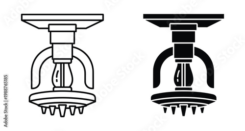 Fire sprinkler system icon set showing automatic water spray nozzle for emergency fire protection safety and building security equipment