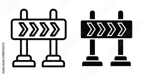 Road construction barrier icon set with right arrows for traffic detour warning sign and street maintenance safety equipment symbol