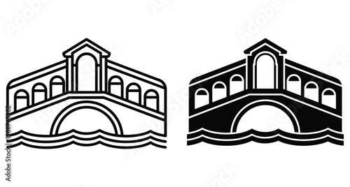 Rialto Bridge Venice Italy landmark icon set with line art and solid black silhouette versions over water waves graphic design