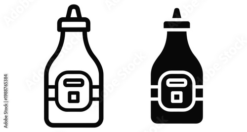 Squeeze bottle icon set featuring outline and solid silhouette styles for ketchup mustard sauce condiment packaging design and food service