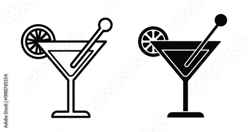 Martini glass icon set with lemon slice and stirrer for bar menu beverage design cocktail party drink symbol graphic