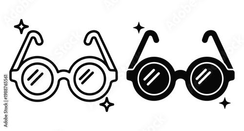 Round eyeglasses icons set featuring outline and solid black silhouette styles with sparkle details for vision correction and optical fashion design