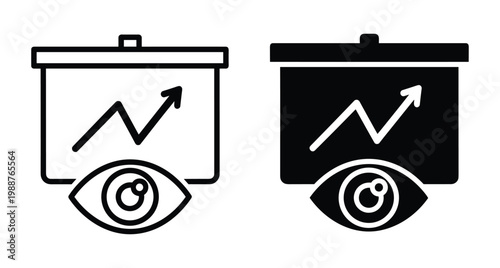 Business vision and growth monitoring icon set featuring presentation screen with upward arrow chart and human eye for analytics