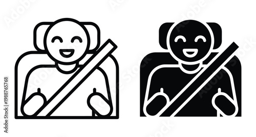 Car seatbelt safety icon set showing person buckled in vehicle seat for passenger protection and road security awareness symbol graphic
