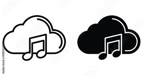 Cloud music icon set featuring outline and solid black styles with musical notes for streaming storage digital audio services online playback sound media technology