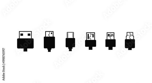 Various usb connector types displayed in a stark black silhouette