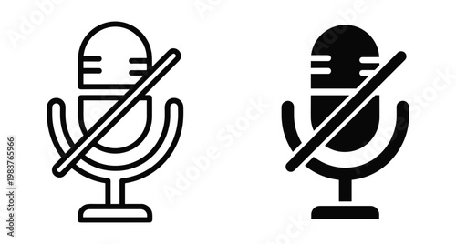 Microphone mute icon set featuring outline and solid versions for audio recording silence and voice communication control in digital interfaces