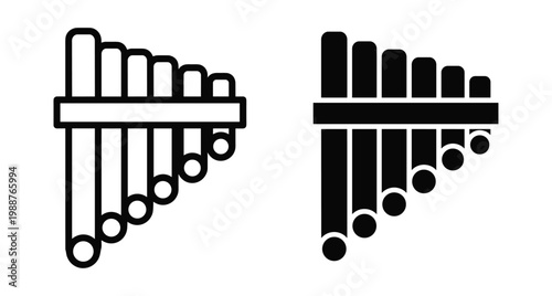 Pan flute musical instrument icon set featuring outline and solid silhouette styles for folk music wind instrument graphic design elements