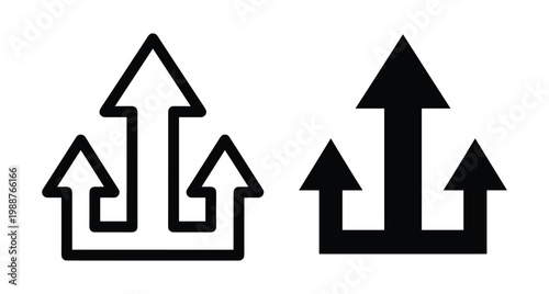 Triple arrow icon set showing three upward pointing directions for growth progress upload and navigation in outline and solid styles