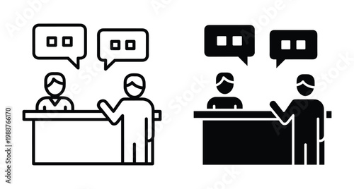 Reception desk icon set with two people talking at a counter with speech bubbles for customer service and business consultation