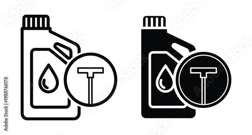 Motor oil bottle icon set with dipstick symbol for car engine maintenance service automotive fluid level check and lubrication