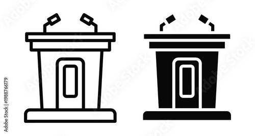 Podium lectern icon set with microphones for public speaking conference presentation debate speech event political press briefing seminar stage talk