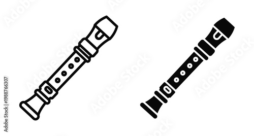 Recorder flute musical instrument icon set with outline and solid glyph styles for music education school band and woodwind performance