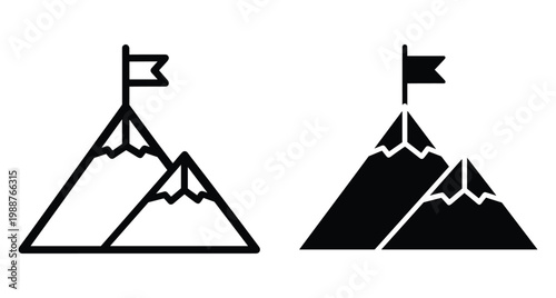 Mountain peak icon set with flag on top representing success achievement goal mission completion progress leadership and reaching the summit