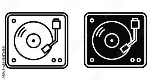 Vinyl record player turntable icons set with needle arm and spinning disc for music production dj equipment and audio playback