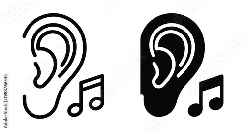 Human ear icon set with musical note symbol representing hearing music sound audio perception listening sense melody and acoustic rhythm