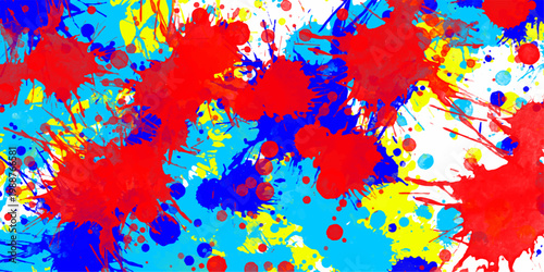 Vibrant Red Blue Yellow Paint Splatter Abstract Background Energetic Chaotic Artistic Design Keywords: paint splatter, abstract, background, red, blue, yellow, chaotic, energetic, artistic, splash