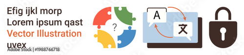 Translation services, multilingual communication, cybersecurity, data protection, privacy, information security. Laptop with translation symbols, lock icon puzzle graphic. Translation services