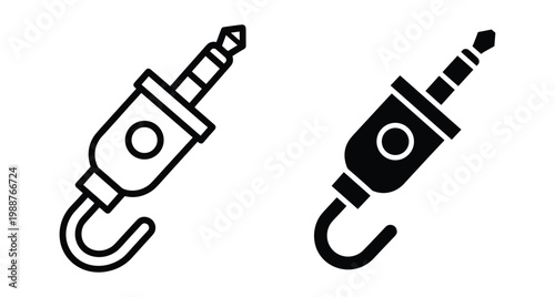 Audio jack plug icon set with outline and solid black silhouette styles for music equipment sound connection and electronic hardware