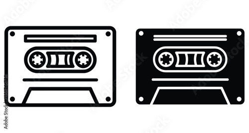 Retro audio cassette tape icons set featuring outline and solid black versions for music recording and vintage analog sound playback equipment