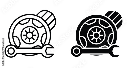Car wheel and wrench icon set for automotive repair service maintenance garage tire change mechanic tool symbol vector illustration graphic
