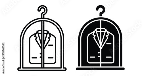 Suit jacket in garment bag icon set for dry cleaning laundry service clothing protection storage apparel cover on hanger symbol