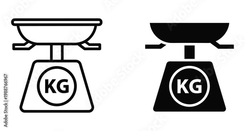 Kitchen scale icon set showing weight measurement in kilograms with outline and solid black styles for cooking and food preparation