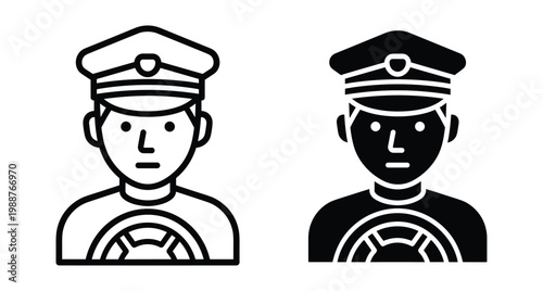 Driver chauffeur pilot icon set with steering wheel and uniform cap in outline and solid black glyph style for transportation