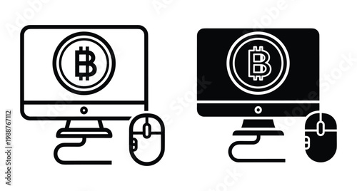 Bitcoin cryptocurrency mining on desktop computer monitor with mouse icon set in outline and solid black glyph style for digital finance