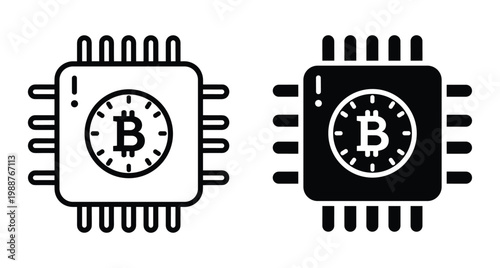 Bitcoin cryptocurrency mining chip icon set with processor hardware and digital currency symbol for blockchain technology and electronic finance transactions
