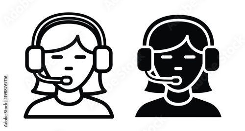 Female customer service representative icon set with headset for call center support help desk assistant and telemarketing communication services professional