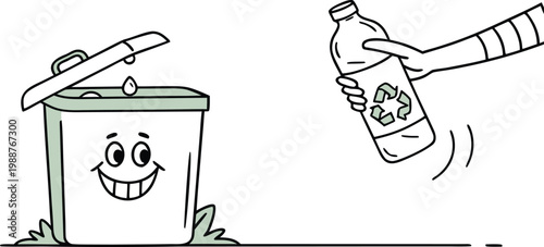 A person throwing a plastic bottle with a recycling symbol into a happy trash can