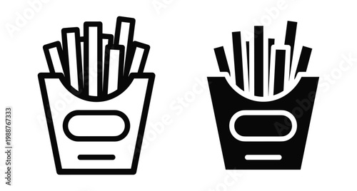 French fries icon set featuring outline and solid black styles for fast food menu design restaurant takeout snack potato chips