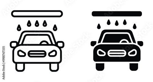 Car wash icon set showing vehicle under water spray for automotive cleaning service maintenance station and professional detailing business signage