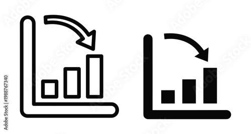 Bar chart icon set showing financial loss with downward arrow representing market crash economic recession business decline and negative statistics