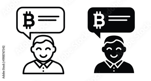 Bitcoin cryptocurrency consultant icon set featuring a man with speech bubble talking about digital finance trading and blockchain investment advice