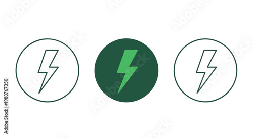 Electricity icons set with green and white lightning bolts for energy concepts