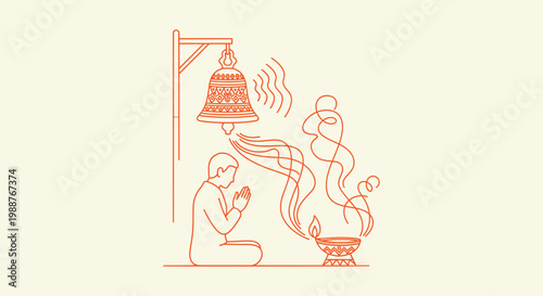 Minimalist Line Art of Man Praying in Temple with Hanging Bell and Burning Diya Oil Lamp Illustration