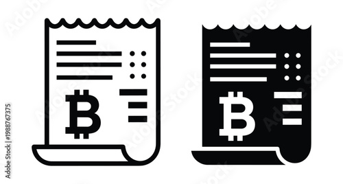 Bitcoin receipt icon set showing digital currency transaction bill with crypto symbol for financial payment processing and blockchain commerce records