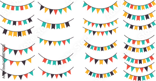 Colorful Party Bunting Banner Set with Decorative Hanging Flag Garlands in Teal, Orange, and Charcoal for Birthdays, Festivals, and Celebration Event Designs