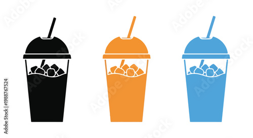 Colorful bubble tea drink icons with straws and boba