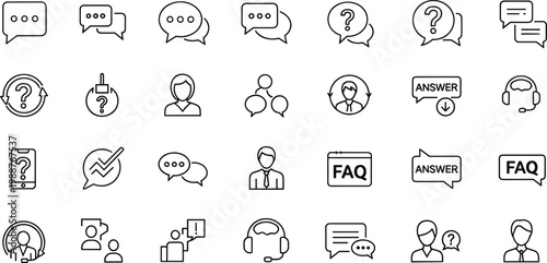 Complete Customer Support and FAQ Icon Set Featuring Help Center Agents, Chat Bubbles, Mobile Support, FAQ Labels, and Professional Communication Line Symbols