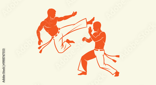 Capoeira Brazilian Martial Arts Illustration Duo in Dynamic Combat Pose Minimalist Orange Vector.