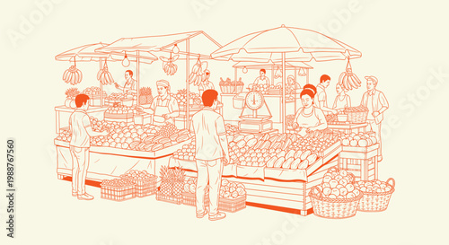 Orange Line Art Illustration of a Bustling Outdoor Farmers Market with Vendors and Fresh Produce